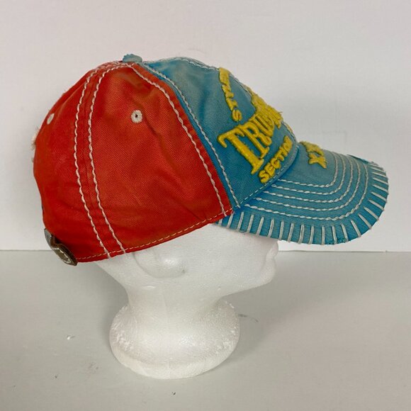 Vintage True Religion Distressed Hat Section Row Seat XXX Light Blue Orange - Picture 8 of 11